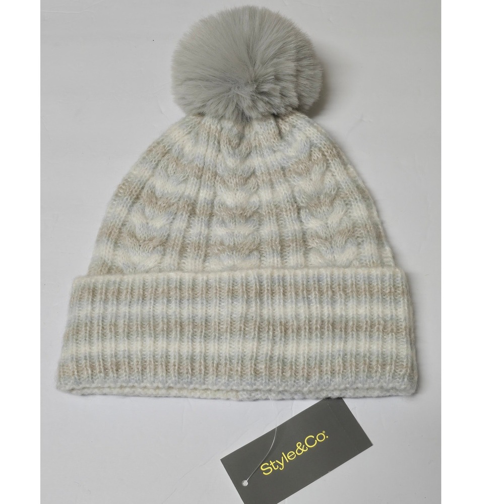 Style & Co Womens Grey Multi Cable Knit Faux Fur Pom Beanie Hat NWT